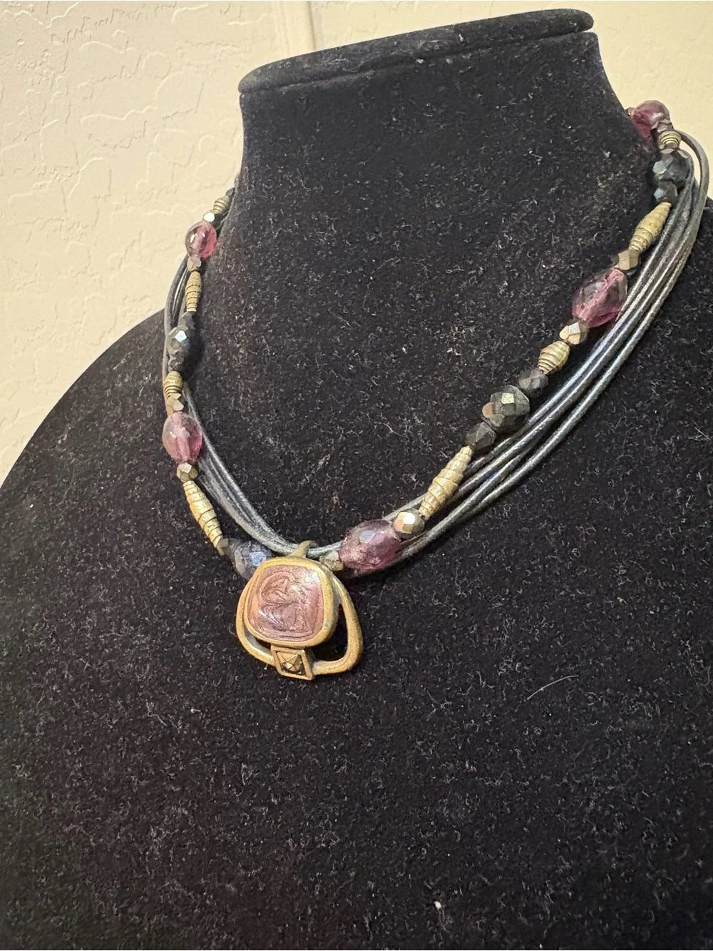 Chico's Black, Purple and Gold Multistrand Pendant Necklace